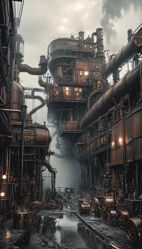 (steampunk:1.5), detailed large ruined industrial factory, foggy atmosphere, polluted environment, dirty industrial aesthetic, d...