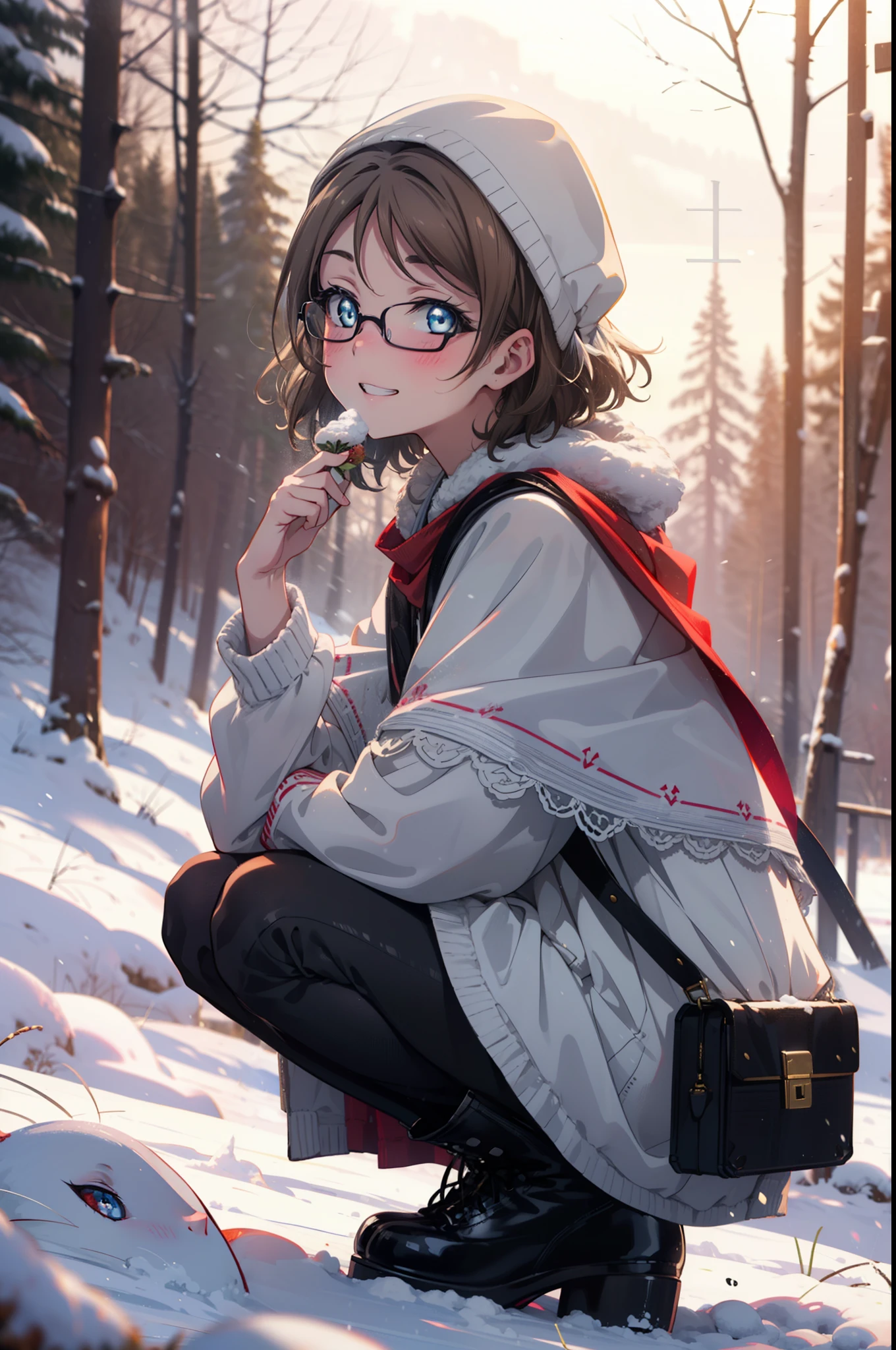 Yo Watanabe, Yu Watanabe, short hair, blue eyes, Brown Hair, smile, Grin,Mid-chest,Black-rimmed glasses,
Open your mouth,snow,Ground bonfire, Outdoor, boots, snowing, From the side, wood, suitcase, Cape, Blurred, having meal, forest, White handbag, nature,  Squat, Mouth closed, Cape, winter, Written boundary depth, Black shoes, red Cape break looking at viewer, Upper Body, whole body, break Outdoor, forest, nature, break (masterpiece:1.2), Highest quality, High resolution, unity 8k wallpaper, (shape:0.8), (Beautiful and beautiful eyes:1.6), Highly detailed face, Perfect lighting, Highly detailed CG, (Perfect hands, Perfect Anatomy),