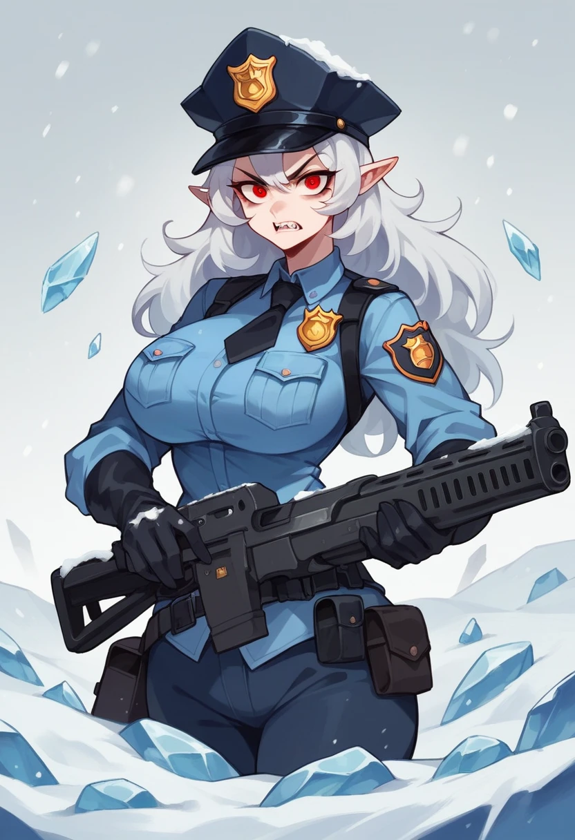 NSFW,((Perfect human body)),One girl, Red eyes, Wavy silver hair, Pointed Ears, vampire, Drooping eyes,Police uniform,Angry expression,Police hat,Mobile Task Force Equipment,Big Breasts,Hair Flowers, snow, ice, whole body,Ready a rifle
