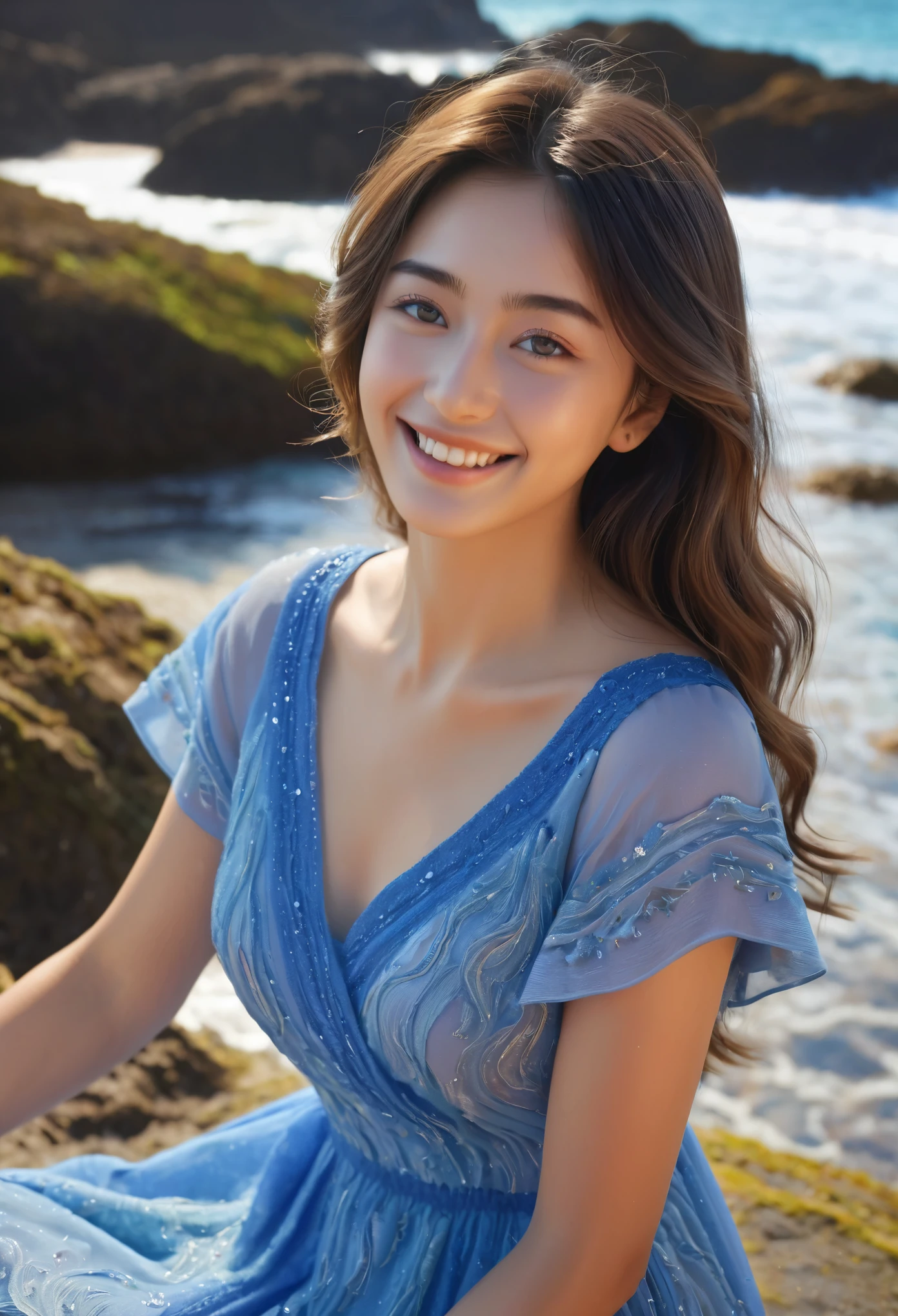 (best quality,4k,8k,highres,masterpiece:1.2),ultra-detailed,(Ultra-realistic, photorealistic,photo-realistic:1.37), 1 beautiful young Japanese Italian half model, 17yo, smiling seductively, sitting on coral coast in Australia, detailed eyes, high nose, blue eyes, delicate facial features, long eyelashes, peaceful expression, colorful dress, detailed folds and textures, Sparkling Waves, warm vibrant colors, cinematic lighting, 8k, high quality, photorealistic, masterpiece, studio lighting, detailed texture, vivid colors
