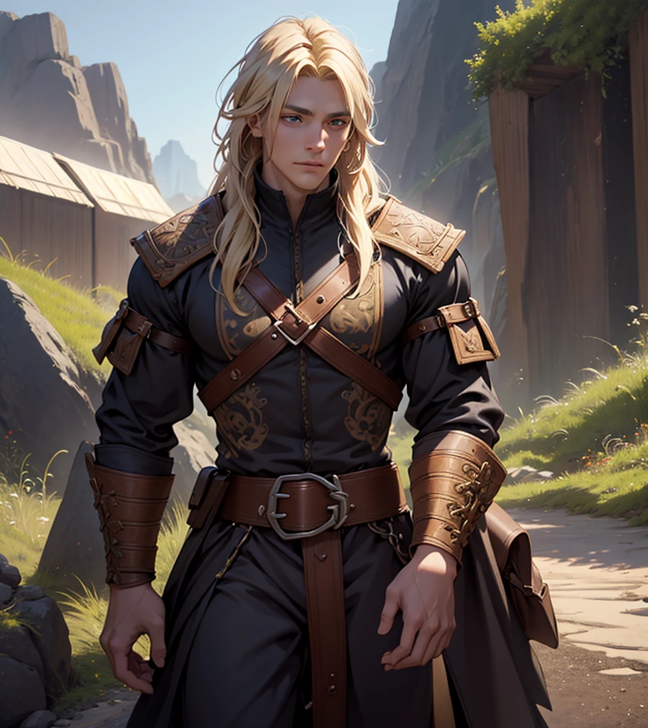(((Solo character image.))) (((Generate a single character image.)))  (((Dressed in medieval fantasy attire.))) (((Looks like Adam Senn.))) (((18 years old.))) (((18yo.))) (((Dressed in medieval fantasy attire.))) (((Body of a male fitness model.))) Cute guy. Hot guy.  (((Looks like Adonis.))) (((Dressed in medieval fantasy attire.))) (((Intense, sexy stare.))) (((Beautiful long sexy blond hair.)))  (((Beefcake body.))) Looks like a fun-loving and heroic male adventurer for Dungeons & Dragons. Looks like a very attractive male adventurer for a high fantasy setting. Looks like a handsome and rugged male adventurer for Dungeons & Dragons. Looks like a handsome male for a medieval fantasy setting. Looks like a Dungeons & Dragons adventurer, very cool and masculine hair style, black clothing, handsome, charming smile, adventurer, athletic build, excellent physique, confident, gorgeous face, gorgeous body,  detailed and intricate, fantasy setting,fantasy art, dungeons & dragons, fantasy adventurer, fantasy NPC, attractive male in his mid 20's, ultra detailed, epic masterpiece, ultra detailed, intricate details, digital art, unreal engine, 8k, ultra HD, centered image award winning, fantasy art concept, digital art, centered image, flirting with viewer, best quality:1.0,hyperealistic:1.0,photorealistic:1.0,madly detailed CG unity 8k wallpaper:1.0,masterpiece:1.3,madly detailed photo:1.2, hyper-realistic lifelike texture:1.4, picture-perfect:1.0,8k, HQ,best quality:1.0,, best quality:1.0,hyperealistic:1.0,photorealistic:1.0,madly detailed CG unity 8k wallpaper:1.0,masterpiece:1.3,madly detailed photo:1.2, hyper-realistic lifelike texture:1.4, picture-perfect:1.0,8k, HQ,best quality:1.0,
