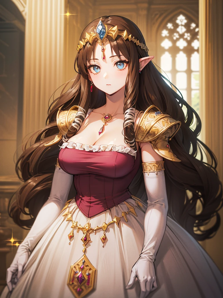 ((Dark brown hair)),Anime art style,masterpiece,(Highest quality), (Very detailed),(Very delicate and beautiful),(alone),((whole body portrait)),whole body,whole body portrait,(Detailed face and eyes),Beautiful eyes like jewels,(A truly gorgeous jeweled ruffled rococo ball gown dress),(((Mature Woman,Queen))),((1 Queen in a beautiful embroidery and jeweled absolutely gorgeous rococo ballgown dress with voluminous full length hoop skirt)),((crinoline)),Absolutely gorgeous highly detailed rococo ball gown dress with ruffled voluminous full length hoop skirt,((Straight hair galore,Very long straight hair with plenty of volume,Super long straight hair)),(),Cleavage,(Fantasy Castle,Outdoor,Outside the castle),length_gloves,Very gorgeous hair accessory,Sparkling、A gorgeous jewel-studded tiara,((Gorgeous Glitter Jewelry)),whole body portrait