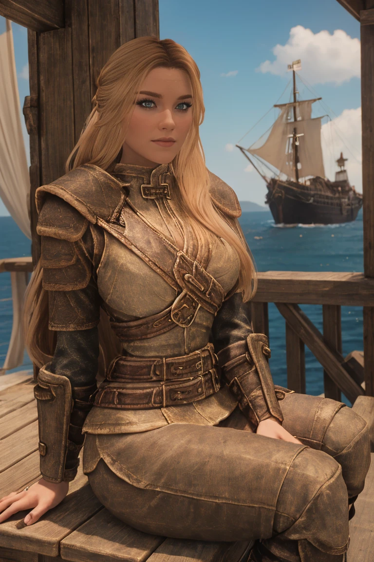 A majestic female Breton warrior maiden, her long, curly blonde hair tied back by a crimson ribbon, sits cross-legged on the wooden deck of the majestic ship in Daggerfall's harbor, basking in the warm sunlight. Her armor, adorned with intricate silver filigree, gleams against the blue sky as she dons a short skirt and knee-high boots. Her piercing gaze, bold and unyielding, meets the viewer's direct stare, her features illuminated by the golden light.