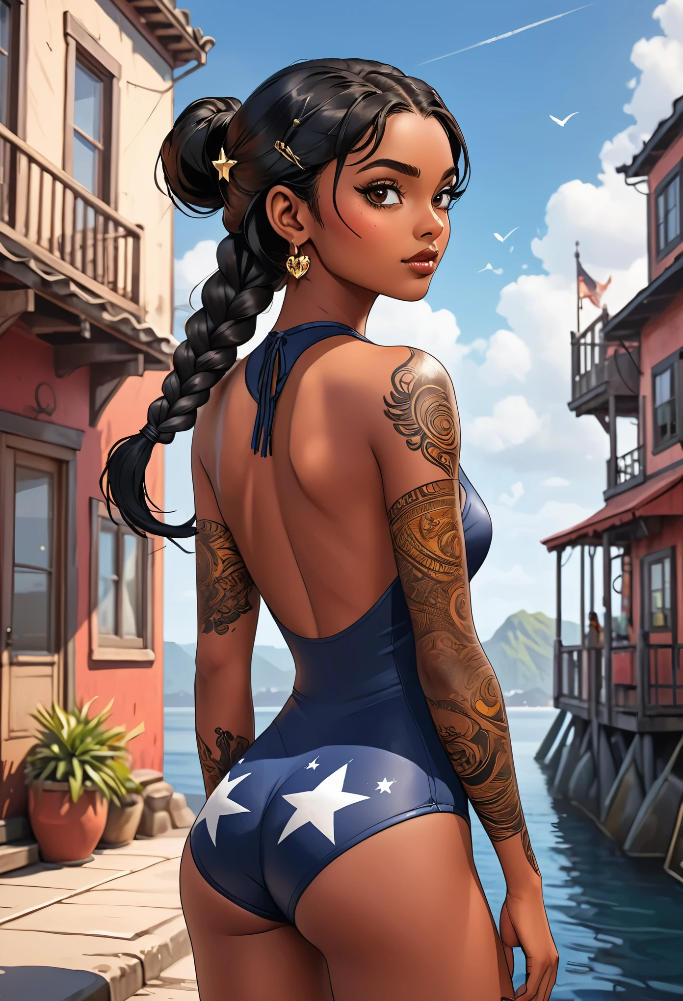 connie maheswaran age 25, ( extremely detailed CG, Mahagony-skinned female with dark Reddish-brown skin, black eyes, and phoenix back tattoo, wearing a full-body open back leotard, mini shorts with stars on the back pockets and a baret holding her black hair tight dragonbraid. strong , well-built, Perfect hourglass physique, amazing skin, strong oblong-shaped face, narrow convex hooked nose. strong, toned, wide heart hips,, biting lips enticingly, catching your eye, waving you closer to her). +( overlooking a coastal city with hands in her pockets,looking over her shoulder ,playful bottom hit) :+(view from behind, hd illustration, extreme long shot, rendered in Unreal Engine 5, hyper-realistic, , 128k, ultra - HD, intricate detail, super - res, webcomic animation, ink art, full-length portrait, wide-body shot, alluring aura and stare , ink art,Black ink,tattoo design outline, Lineart, brush art ,thin line animation, ultra-HD masterpiece, highest quality, highly detailed facial expressions,realistic expression, perfect piece, perfect prompt ,full length, best quality, intricately accurate facial and physical structure, intricately realistic expression and emotion, accurate colored complexion, accurate body anatomy, intricate bodypaint, complex hairstyles, intricate character detail, intricately expressive, intricate color design, complex emotions,) 