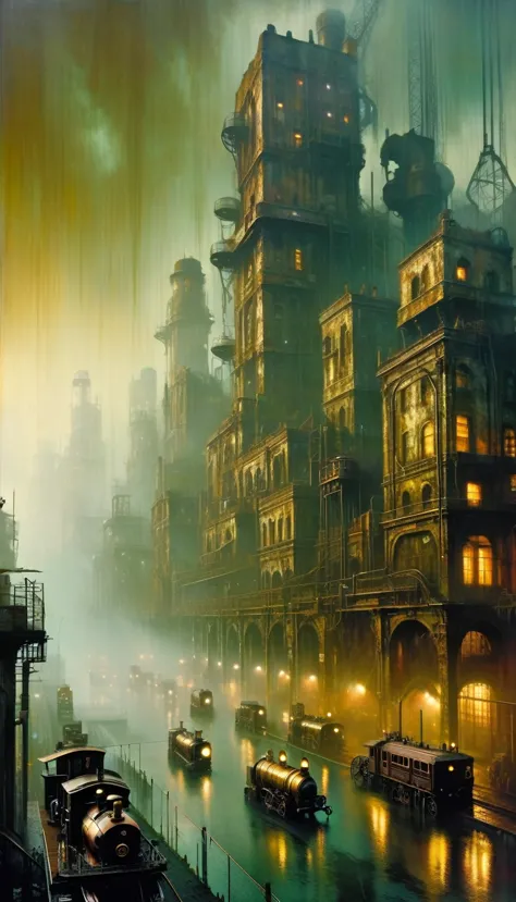 (steampunk:1.5), detailed large ruined city foggy atmosphere, polluted environment, dirty industrial aesthetic, dystopian atmosp...