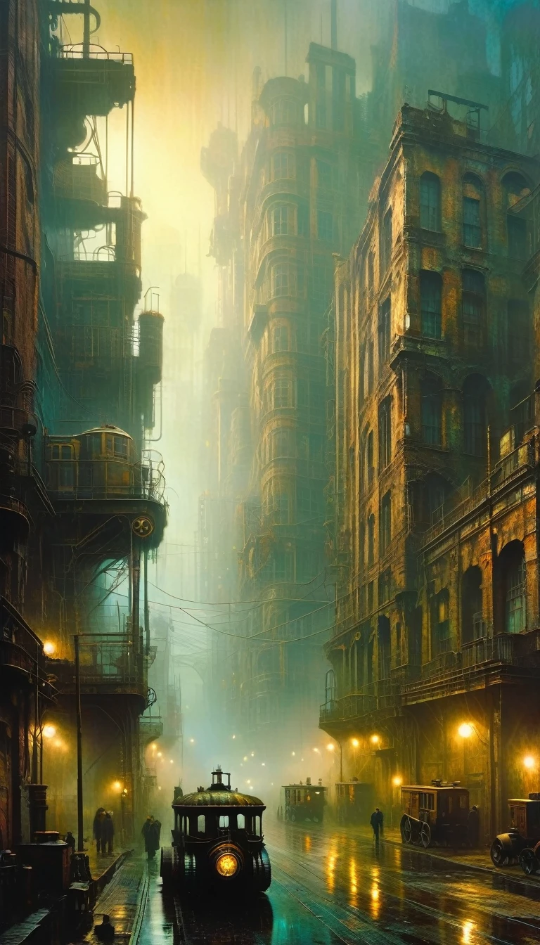 (steampunk:1.5), detailed large ruined city foggy atmosphere, polluted environment, dirty industrial aesthetic, dystopian atmosphere, dramatic lighting, muted color palette, highly detailed masterpiece (best quality, 4k, 8k, high resolution, artwork master: 1.2), ultra detailed, (realistic, photorealistic, photorealistic: 1.37)(art inspired by Bill Sienkiewicz). oil painting)
