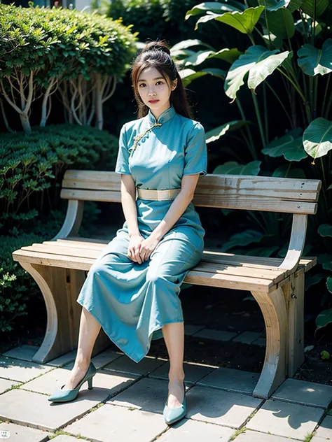 The Araved woman sits on a bench with large leaves in the garden, gorgeous chinese models, full-body xianxia, xintong chen, Chin...