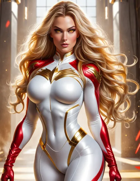 GORGEOUS superhero WOMAN , TALL WOMAN BODY, TALL WOMAN, STRONG CURVY ATHLETIC BODY, MUSCLES, WHITE COSTUME, THONG BODYSUIT, GOLD...