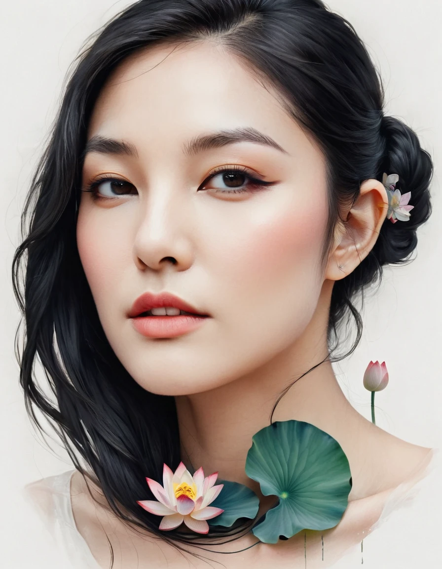 Modern minimalist art，（Close-up of a woman with a lotus tattoo on her neck）,This woman has a pretty face，Black long hair，（Lotus Tattoo On Neck：1.3），Flowing hair illustration，Fair face，fox, slim, beautiful eyes， Elegant digital art, Beautiful digital illustrations, Beautiful character painting, 