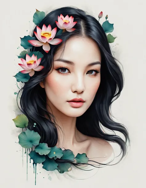 Modern minimalist art，（Close-up of a woman with a lotus tattoo on her neck）,This woman has a pretty face，Black long hair，（Lotus ...