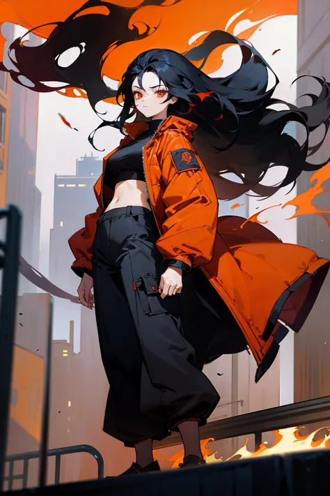 1female, black hair, long flowing hair, flaming hair, red-orange eyes, deep red jacket, white croptop, black baggy pants, city b...