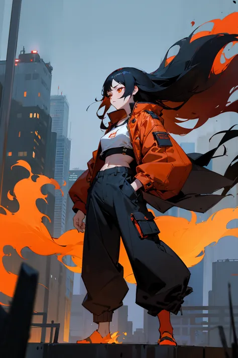 1female, black hair, long flowing hair, flaming hair, red-orange eyes, deep red jacket, white croptop, black baggy pants, city b...