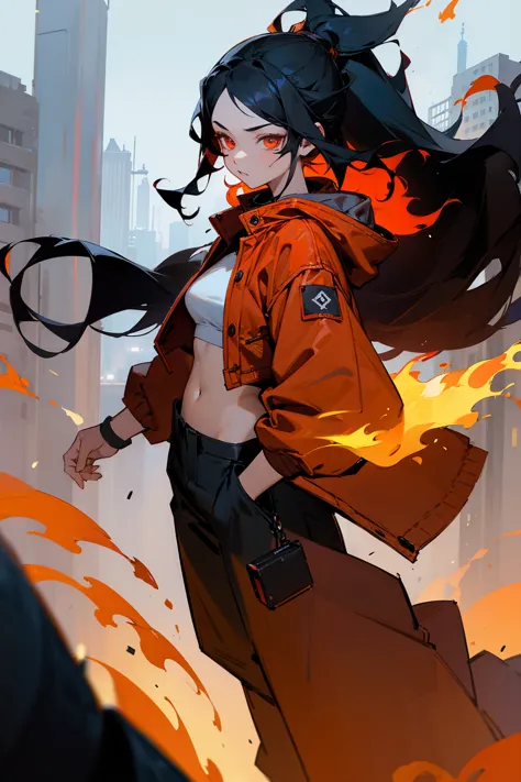 1female, black hair, long flowing hair, flaming hair, red-orange eyes, deep red jacket, white croptop, black baggy pants, city b...