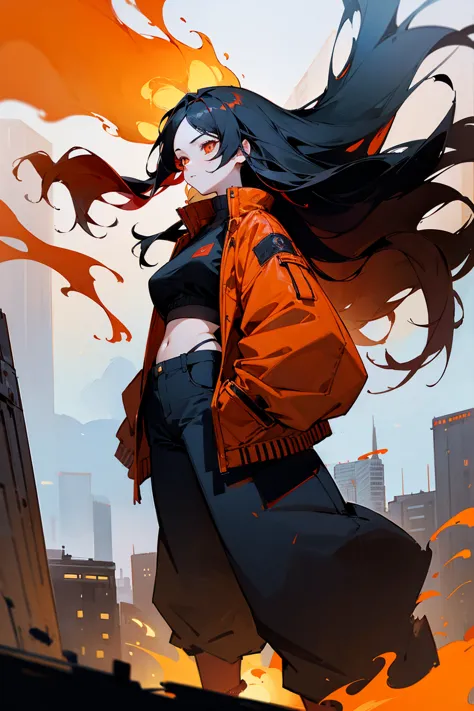 1female, black hair, long flowing hair, flaming hair, red-orange eyes, deep red jacket, white croptop, black baggy pants, city b...