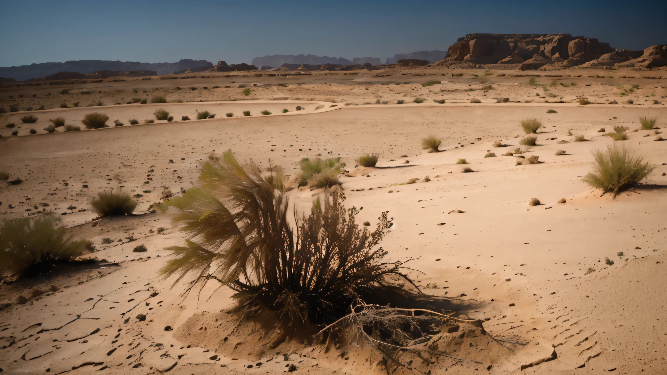 photo of dry desolate oasis in the sandy desert, Jenoptik JD 3.1 exclusive, High Contrast, 1ms shutter speed, Hard Lighting