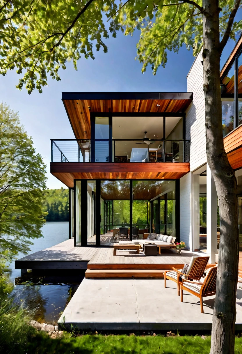 Imagine a contemporary home, where steel, wood and light gray concrete harmonize perfectly. The robust and elegant structure is complemented by brise-brise style windows, allowing natural light to dance through the space while maintaining privacy. From the spacious deck, the view opens up to a large, serene lake, reflecting the blue sky and surrounding trees. It's a spring afternoon, the gentle breeze carries the scent of flowers and the peaceful sound of water. The space is welcoming and relaxing, ideal for enjoying a good book or a coffee, in complete harmony with nature.
