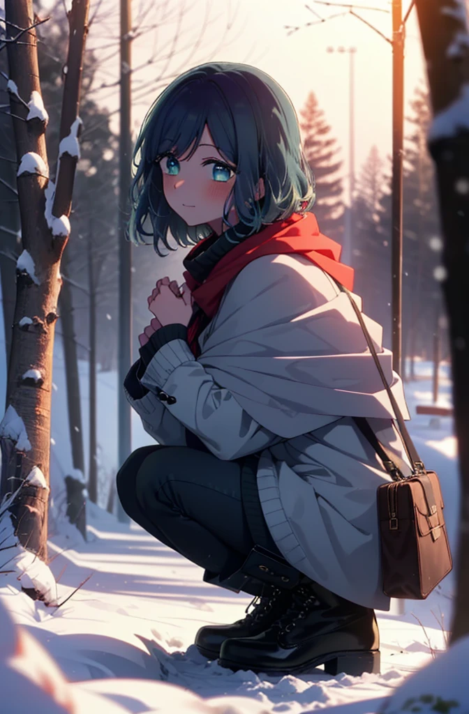 akanekurokawa, akane kurokawa, bangs, (Green Eyes:1.3), Blue Hair, Medium Hair, dark Blue Hair,smile,blush,White Breath,
Open your mouth,snow,Ground bonfire, Outdoor, boots, snowing, From the side, wood, suitcase, Cape, Blurred, , forest, White handbag, nature,  Squat, Mouth closed, Cape, winter, Written boundary depth, Black shoes, red Cape break looking at viewer, Upper Body, whole body, break Outdoor, forest, nature, break (masterpiece:1.2), Highest quality, High resolution, unity 8k wallpaper, (shape:0.8), (Beautiful and beautiful eyes:1.6), Highly detailed face, Perfect lighting, Highly detailed CG, (Perfect hands, Perfect Anatomy),