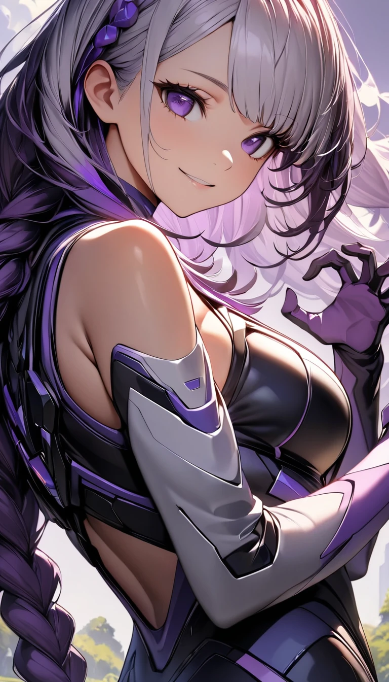 (Highest quality:1.2, Very detailed, High detail, High Contrast, masterpiece:1.2, Highest quality, Best aesthetics), 1 female, Cyber Suit, The sleeves are separated, Bare shoulders, ((Gray Hair:1.4, Purple bicolor hair, Braided long hair, White and purple hair accessories:1.2, Dark purple bangs:1.1, Asymmetrical bangs)), Purple eyes, double eyelid, Detailed face, Loose braid, smile:1.2, Indifference, kind, Rear View, turn around, 肩ごしのsmile, (((Backwards, wave hands:1.2))), Lush green park, erupt:1.2, White cloud, Wide-angle lens.