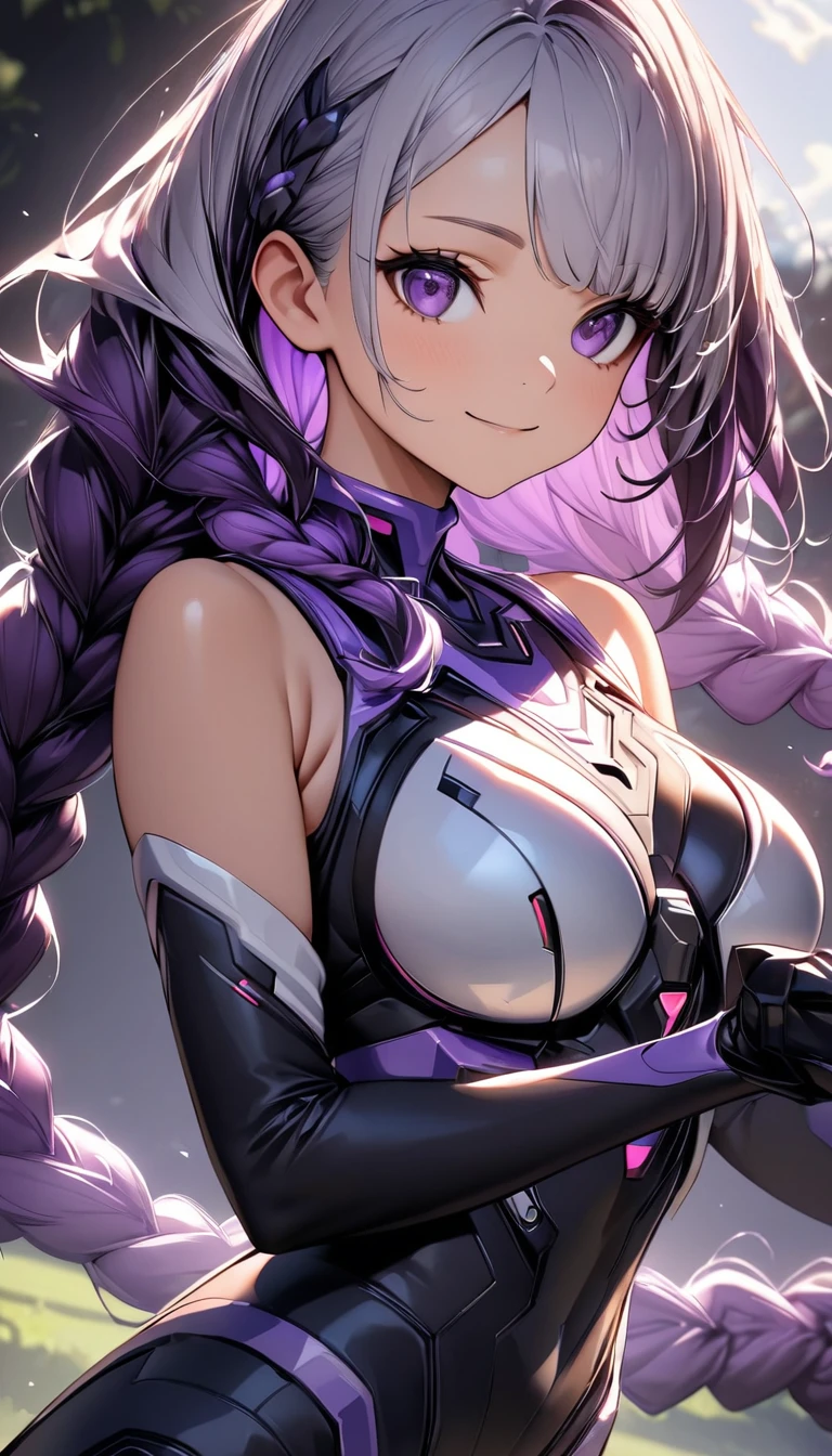 (Highest quality:1.2, Very detailed, High detail, High Contrast, masterpiece:1.2, Highest quality, Best aesthetics), 1 female, Cyber Suit, The sleeves are separated, Bare shoulders, ((Gray Hair:1.4, Purple bicolor hair, Braided long hair, White and purple hair accessories:1.2, Dark purple bangs:1.1, Asymmetrical bangs)), Purple eyes, double eyelid, Detailed face, Loose braid, smile:1.2, Indifference, kind, Rear View, turn around, 肩ごしのsmile, (((Backwards, wave hands:1.2))), Lush green park, erupt:1.2, White cloud, Wide-angle lens.