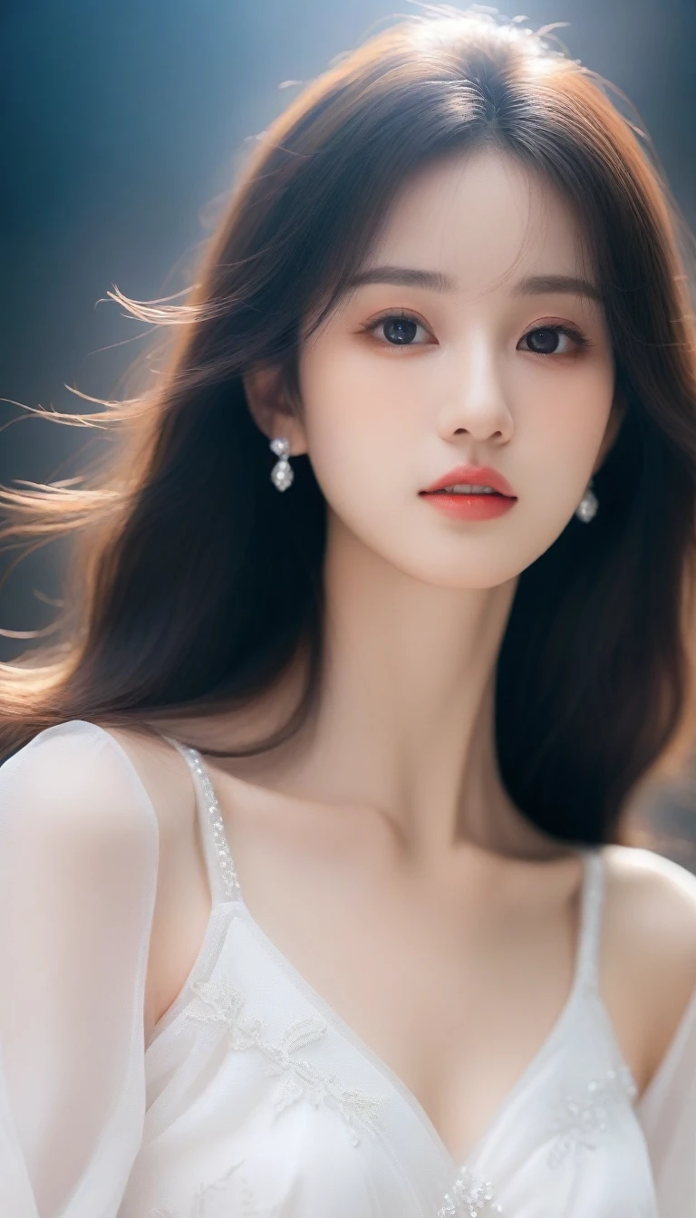 Close-up of a long-haired woman in a white dress, Soft portrait shots 8 k, artwork in the style of Gu Weiss, Gu Weiss, Beautiful face, Practical. cheng yi, Cute and delicate face, Long hair and sharp eyes, beautiful Practical face, Extremely beautiful face, inspired by Yanjun Cheng, Stunning anime face portraits