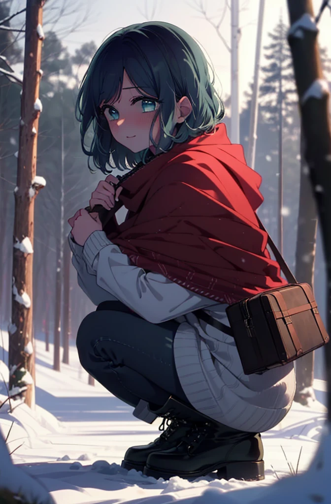 akanekurokawa, akane kurokawa, bangs, (Green Eyes:1.3), Blue Hair, Medium Hair, dark Blue Hair,smile,blush,White Breath,
Open your mouth,snow,Ground bonfire, Outdoor, boots, snowing, From the side, wood, suitcase, Cape, Blurred, , forest, White handbag, nature,  Squat, Mouth closed, Cape, winter, Written boundary depth, Black shoes, red Cape break looking at viewer, Upper Body, whole body, break Outdoor, forest, nature, break (masterpiece:1.2), Highest quality, High resolution, unity 8k wallpaper, (shape:0.8), (Beautiful and beautiful eyes:1.6), Highly detailed face, Perfect lighting, Highly detailed CG, (Perfect hands, Perfect Anatomy),