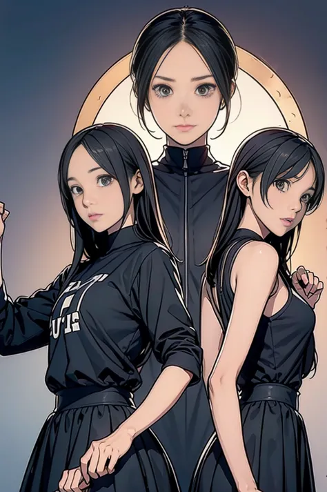 Three girls, line up vertically, hold the first sword, hold the second gun, raise the third fist