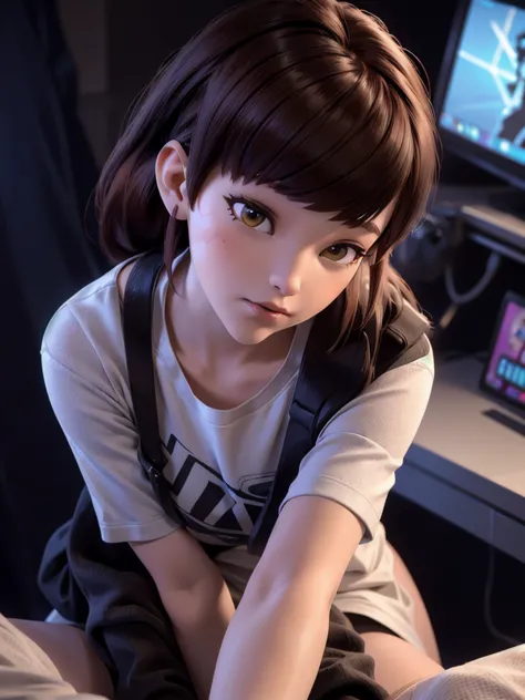 ((DVA from Overwatch)) without her mech, a woman with short brown hair in a (ponytail),she sits on her bed with her legs spread,...