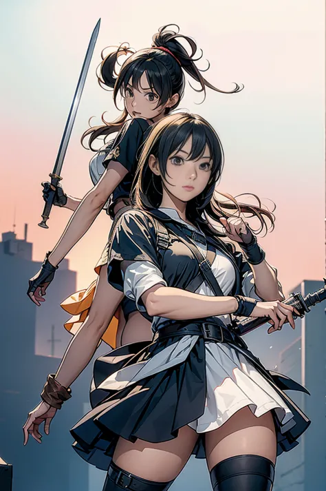 three girls, line up vertically, hold the first sword, hold the second gun, raise the third fist