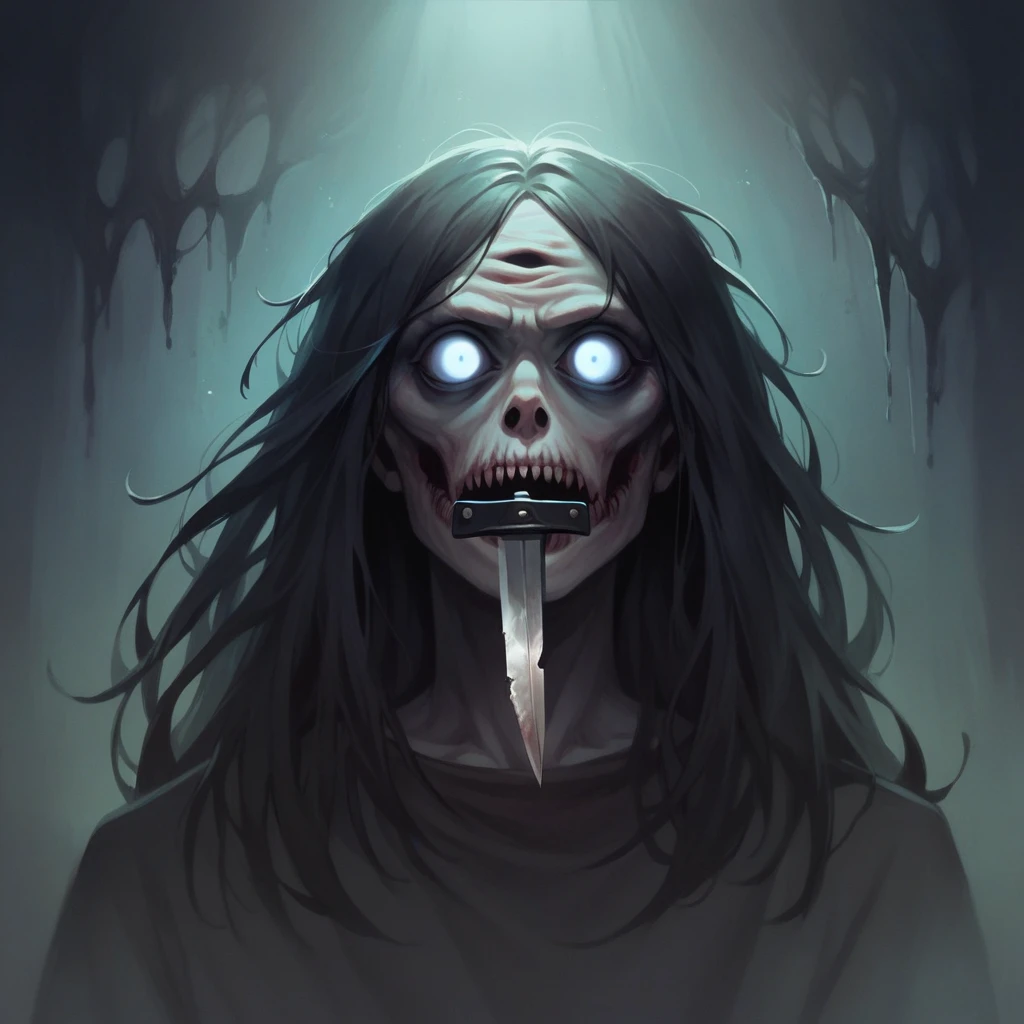 (obra de arte, melhor qualidade:1.2), cena de terror, faca, quartos escuros, olhos brilhantes, meninaImagem estética de sepultura, atmosfera tensa de terror, fundo dominante azul e preto, Melhor qualidade de imagem, Realista e detalhado