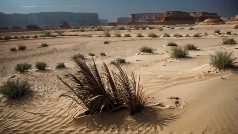 photo of dry desolate oasis in the sandy desert, jenoptik jd 3.1 exclusive, high contrast, 1ms shutter speed, hard lighting