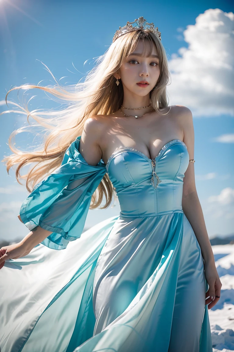 Chica anime con largo cabello blanco y un vestido azul en la nieve., deidad de pelo blanco, pelo blanco flotando en el aire, ilustración de fantasía de anime, pelo blanco que fluye, hermoso joven espíritu del viento, hermoso anime de fantasía, cabello suelto y brillante, anime etéreo, hermosas ilustraciones de anime, hermosa obra de arte digital, ilustraciones de fantasía de anime, ((una hermosa emperatriz de fantasía)), 2. 5 d cgi ilustraciones de fantasía de anime