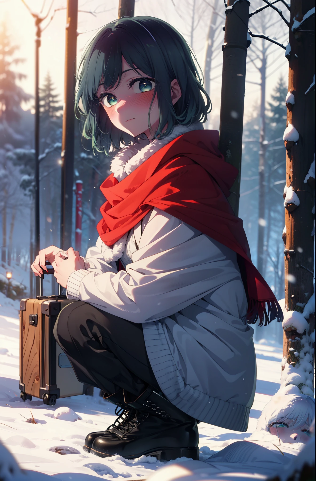 akanekurokawa, akane kurokawa, bangs, (Green Eyes:1.3), Blue Hair, Medium Hair, dark Blue Hair,smile,blush,White Breath,
Open your mouth,snow,Ground bonfire, Outdoor, boots, snowing, From the side, wood, suitcase, Cape, Blurred, , forest, White handbag, nature,  Squat, Mouth closed, Cape, winter, Written boundary depth, Black shoes, red Cape break looking at viewer, Upper Body, whole body, break Outdoor, forest, nature, break (masterpiece:1.2), Highest quality, High resolution, unity 8k wallpaper, (shape:0.8), (Beautiful and beautiful eyes:1.6), Highly detailed face, Perfect lighting, Highly detailed CG, (Perfect hands, Perfect Anatomy),