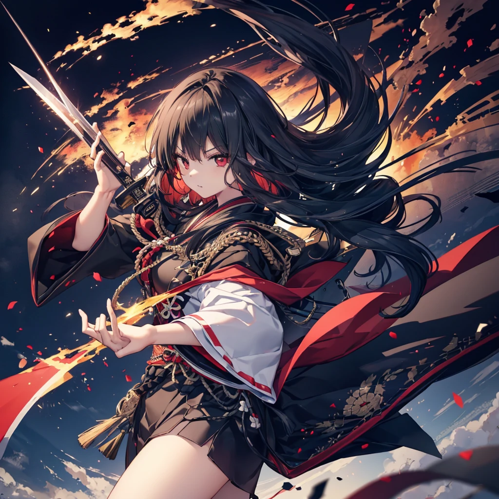 ((blackい髪　Long Hair　black　military commander　One person　Lonely　Red Flag　Eye patch))　((night　Japanese style　old　Shining Aura))　(dance　Burning Blade　Shining Japan sword　Draw your sword　Holding the Sword　With sheath)　moon　star　Draw your sword　Slashing　Catch the wind　printing　A tense face　ability　kimono