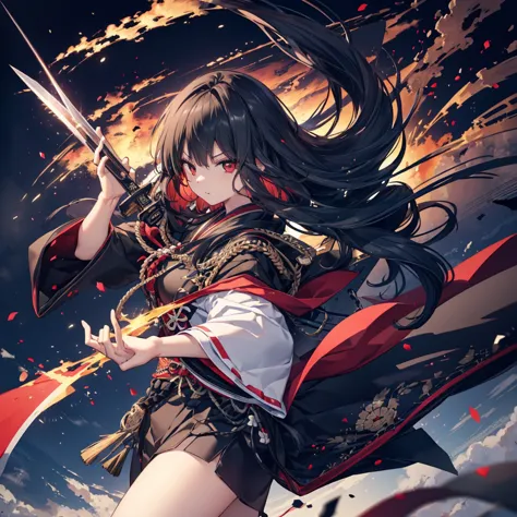 ((blackい髪　long hair　black　military commander　one person　lonely　red flag　eye patch))　((night　japanese style　old　shining aura))　(d...