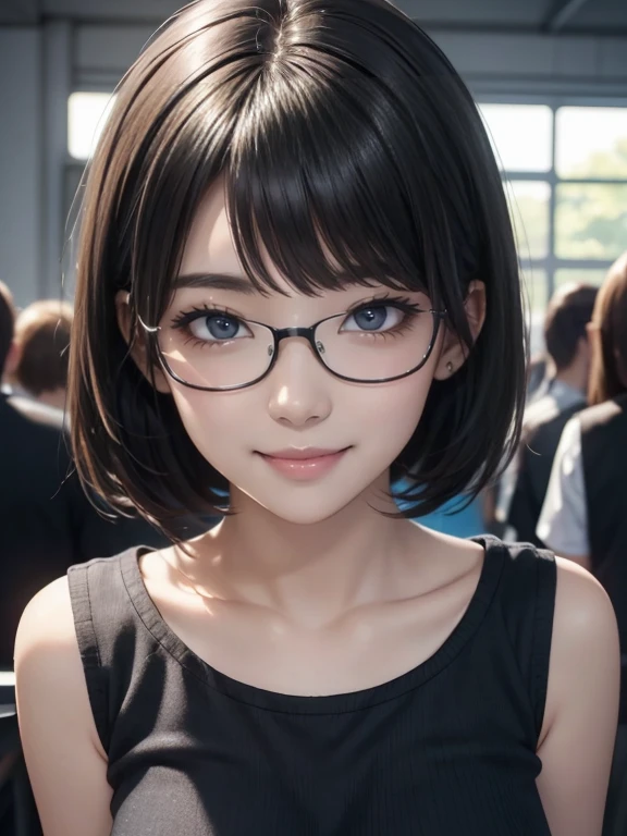 View your viewers,high school girl,Leaning forward,(Random cute clothes),(Random Animation Pose),(Thin type),(Very large breasts),(Black Short Hair)(Pixie Cut),(Best image quality, (8k), Ultra-realistic, 最high quality, high quality, High resolution, high qualityの質感, Attention to detail, Beautiful details, Fine details, Highly detailed CG, Detailed Texture, Realistic facial expressions, masterpiece, in front),(Wear glasses:1.1)