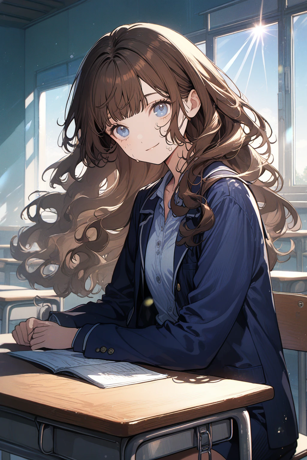 1 girl, CuteStyle, upper body, blue eyes, brown hair, long hair with bangs, dressed in a dark blue dress, dressed in a dark blue jacket unbuttoned, school dress, at school, windows, sitting at a desk, sweat on her face, day, light, rays of the sun, detailed, beautiful, medium chest, looking on the viewer, tired face, calm smile, dynamic, gentle tones