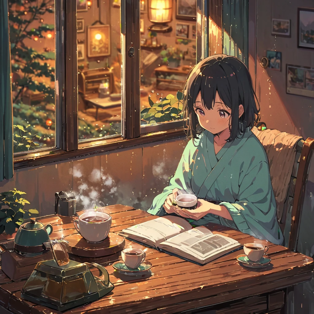 ((anime:1.4,illustration)),(masterpiece, top quality, best quality),(ultra-detailed, absolutely resolution),((16k, high res)), (((cozy scene of a person reading on a rainy day. Show them sitting in a comfortable chair or on a couch with a book, surrounded by soft blankets and pillows. Include a large window with raindrops, a steaming cup of tea or coffee on a table, and warm ambient lighting for a serene atmosphere))), ((cosy lofi illustration:1.4)), ((anime:1.4, illustration)),(masterpiece, top quality, best quality),(ultra-detailed, absolutely resolution),((16k, high res)) BREAK {lofi art, style of Laurie Greasley, style of Makoto Shinkai, anime aesthetic}, BREAK { (produces images with information than 40 million pixels with cinematic-like detailed textures shot on a Sony SLR).}