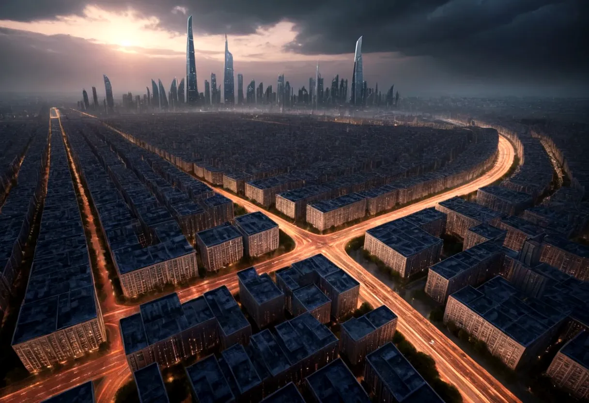 Se ve en plano general y perspectiva forzada, Futuro, year 15040 AD, una ciudad futurista satruada de personas, superpoblada, It...