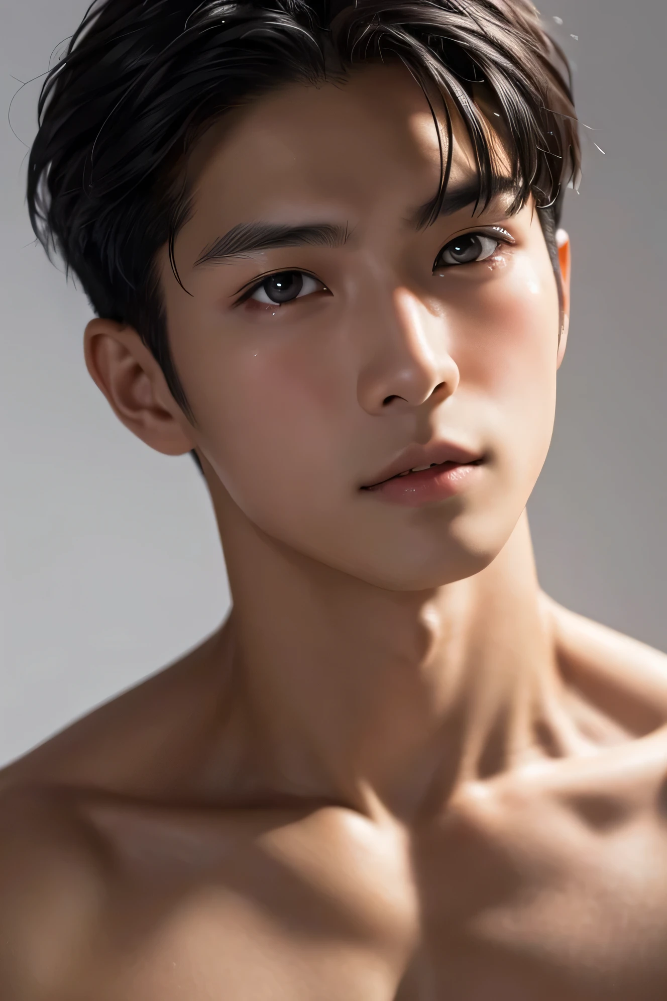 Handsome Japanese male model, 20 years old　Black Hair　　short hair　Short cut　Baby Face　Staring straight into the camera　Beautiful Skin　slim and muscular　　front　Facing　no background　No background　Gray tone no background　No background　　Close-up of crying face　No clothes　Face close-up　Upper body nude　Close-up of face looking up