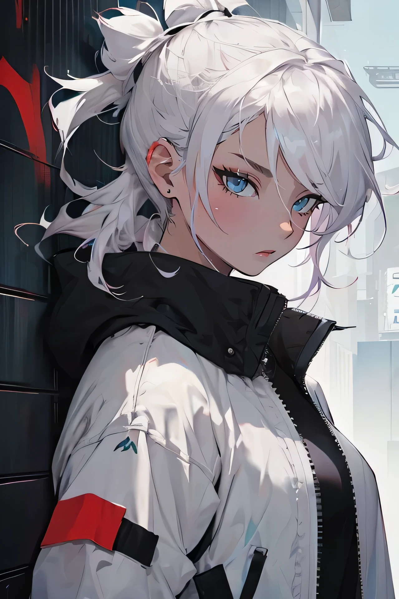 Fullbory, woman with medium hair parted on the side in white, serious, bright bluish gray eyes, wearing streetwear, Leaning against the wall in a dark alley, with colored lighting, anime style.