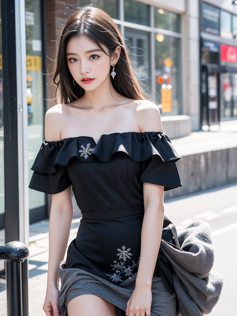 8k，tmasterpiece、quality、ultra - detailed、Master workarilyn Takiocus on the thighs and above，Clear face，（Best quality）， beuaty girl：1.5、((Red fluffy off-shoulder dress style))，long hair fluttering，Snowflake earrings、snowflakes falling、bblurry、the street，