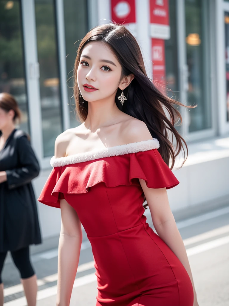 8k，tmasterpiece、quality、ultra - detailed、Master workarilyn Takiocus on the thighs and above，Clear face，（Best quality）， beuaty girl：1.5、((Red fluffy off-shoulder dress style))，long hair fluttering，Snowflake earrings、snowflakes falling、bblurry、the street，
