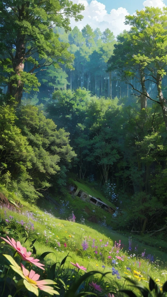 A massive plane crash site transformed by nature, with wildflowers blooming around it, and lush greenery creeping over the wreckage, located in a secluded forest glade. Soft light filtering through dense canopy, peaceful and abandoned. Anime nature, peaceful vibes, highly detailed, hd quality, natural look