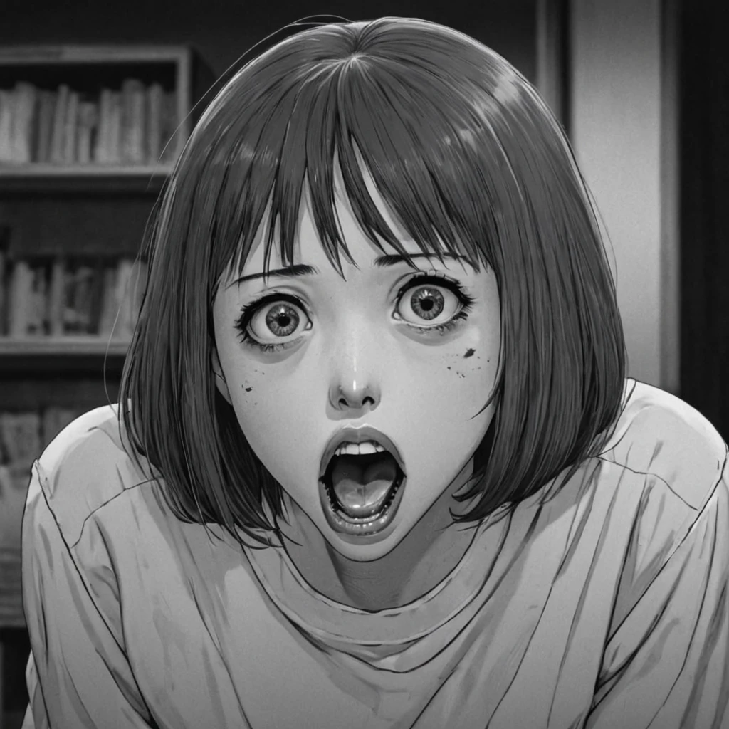 mujer con boca grande, (animado), bizarre scenario, este es junji, Yusuke Murata, en blanco y negro, 8K, animado, horror