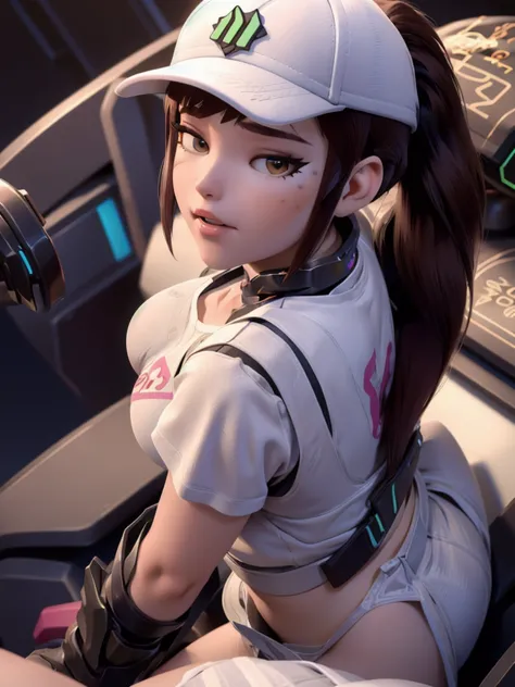 ((DVA from Overwatch)) without her mech, a woman with short brown hair in a (ponytail),she sits on her bed with her legs spread,...