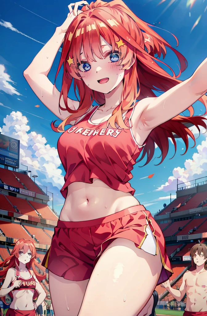 itsukinakano, Itsuki Nakano, bangs, blue eyes, hair between eyes, Ahoge, Redhead, star \(symbol\), happy smile, smile, Open your mouth,hair ornaments, star hair ornaments,(cheer leading), (whole body), Big Breasts, Lower, (Sweaty), Sweaty Wet Clothes (Red clothes),  No sleeve,Belly button support, playground, (Jump), (Jump), 足を曲げてJumpする, air, blue sky, Grass原, smileのチアリーダー, Pom-pom \(cheer leading\), Grass, whole bodyがイラストに入るように,
break outdoors, Stadium,
break looking at viewer, whole body,
break (masterpiece:1.2), Highest quality, High resolution, unity 8k wallpaper, (shape:0.8), (Fine and beautiful eyes:1.6), Highly detailed face, Perfect lighting, Highly detailed CG, (Perfect hands, Perfect Anatomy),