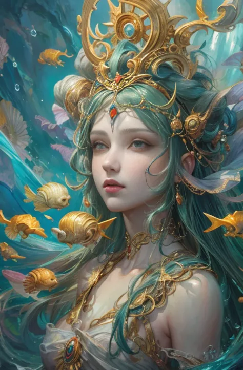 Colorful fantasy art,Adorable,Goddess of the Sea,Beautiful big eyes,Tethys, Goddess of the Sea, Guardian of the seas, sacred , 4...