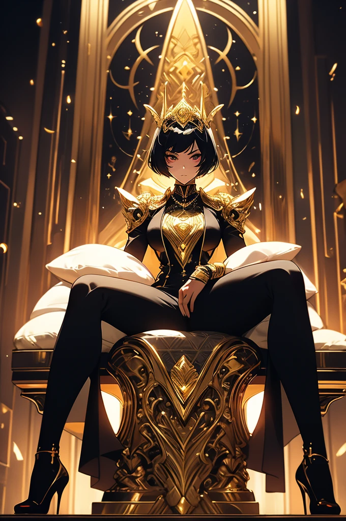 (best quality), masterpiece, full body shot, anime, NSFW, ecchi, perfect body, 1girl, female, tall, egyptian, (tan skin), short straight black hair, bowl cut, circulet, (unique gold expressive eyes), confident, frown, business woman, super villain, super villain suit, black & gold suit, futuristic high heels, necklaces, rings, gold fire, fire magic, stylized suit symbol, futuristic style, sitting, throne, futuristic throne room background