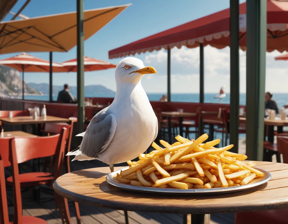 impressive, absurd, comedy, a gang of seagulls perched in the enclosure of a seaside restaurant, sunglasses, badass style, a bad-looking seagull with a tray of fries on a table, cinematic, animeesque, action lines, HD8K,