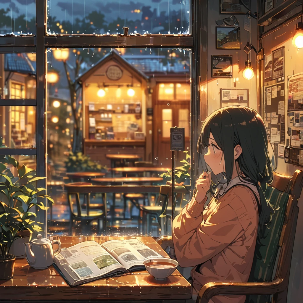 ((anime:1.4,illustration)),(masterpiece, top quality, best quality),(ultra-detailed, absolutely resolution),((16k, high res)), (((cozy cafe interior, rainy day, comfortable chair, book, soft, a large window with raindrops, a steaming cup of tea or coffee on a table, and warm ambient lighting for a serene atmosphere))), ((cozy lofi illustration:1.4)), ((anime:1.4, illustration)),(masterpiece, top quality, best quality),(ultra-detailed, absolutely resolution),((16k, high res)) BREAK {lofi art, style of Laurie Greasley, style of Makoto Shinkai, anime aesthetic}, BREAK { (produces images with information than 40 million pixels with cinematic-like detailed textures shot on a Sony SLR).}